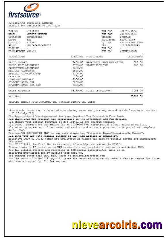 Firstsource Solutions payslip